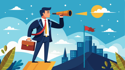 Determined Businessman Gains Clear Vision of Future Opportunities, Overcoming Challenges with Binoculars and Insight