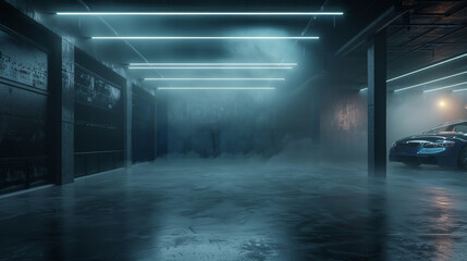 The garage interior is depicted with dim lighting and a haze of smoke, creating a dramatic and industrial ambiance.
The walls and ceiling are obscured by shadows and smoke, enhancing the atmospheric 