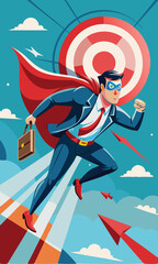 Determined businessman superhero flying through obstacle to reach target, overcoming challenges