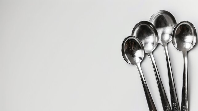 Five measuring spoons arranged on a white surface with space for text