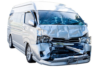 Front of white van car get damaged by accident on the road. damaged cars after collision. isolated on transparent background, car crash bumper graphic design element, PNG File © ISENGARD