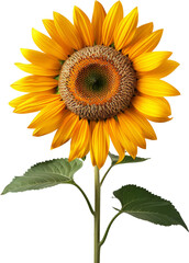 Fototapeta premium A vibrant sunflower with a bright yellow bloom and green leaves against a transparent background, ideal for floral-themed designs.