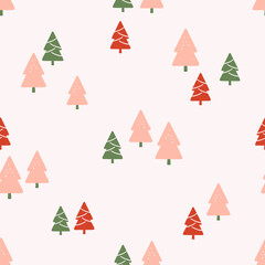 Christmas or New year seamless pattern with pink pine tree on beige background vector.