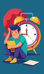 Procrastination concept, lazy man postponing work, sleeping with sticky note on alarm clock saying 