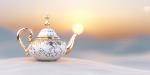 arabian teapot in the desert with blurred background of sand dunes and sun light