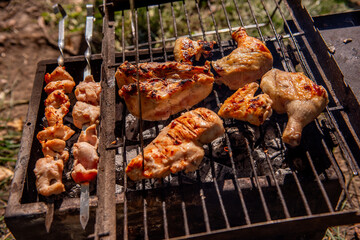 Top view of assorted chicken pieces and skewers grilling on a portable BBQ in a grassy field, showcasing a delicious outdoor meal.