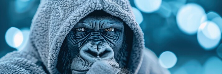 A gorilla in an oversized hoodie and looking in aggressive mood on blur background