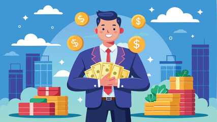 Rich businessman holding pile of money banknotes, earning profit from investments and wealth management