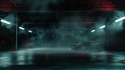 Obraz premium The garage interior is depicted with dim lighting and a haze of smoke, creating a dramatic and industrial ambiance. The walls and ceiling are obscured by shadows and smoke, enhancing the atmospheric 