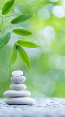 Obraz premium a serene spa background with balanced stones and bamboo leaves, symbolizing tranquility for wellness
