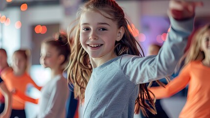 Smiling children enjoying modern dancing in a dance studio.