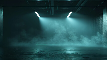 Obraz premium The garage interior is depicted with dim lighting and a haze of smoke, creating a dramatic and industrial ambiance. The walls and ceiling are obscured by shadows and smoke, enhancing the atmospheric 