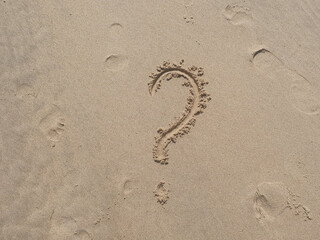 Question word on the yellow sand background. Beach in summer time.