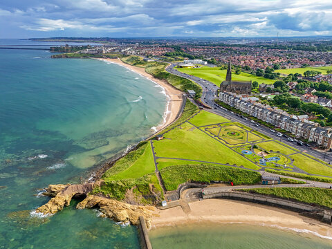 Aerial image of Long Sands Beach along the North East Coast at Cullercoats near Tynemouth, Northumberland. United Kingdom. 7th  July 2024.