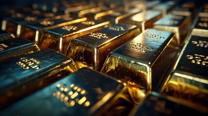 Close-up 3D visualization of neatly stacked gold bars, with each bar engraved with symbols of global currency, emphasizing wealth