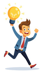 Excited Businessman with Big Lightbulb Idea Running to Invent New Product, Solving Problems through Creativity and Innovation