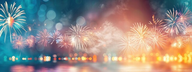 Fireworks illuminating a festive parade with floats, fireworks, parade
