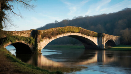 Fototapeta premium Ancient stone bridge over tranquil river: Scenic landscape with historic architecture