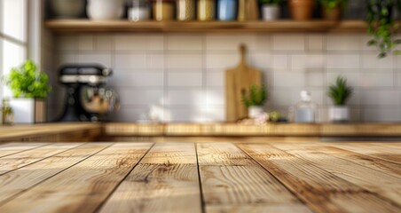 Mock up empty wooden table against the blurred background of the modern white wooden rustic Scandinavian kitchen, Mockup blank surface on a blurred kitchen background. copy space. 