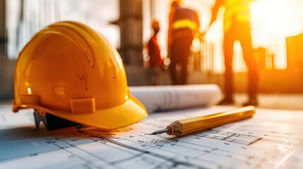 Close-up of a diverse team of engineers discussing over a blueprint, wearing safety helmets, with digital enhancements on the drawing
