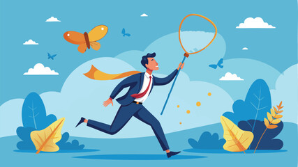 Businessman Chasing Flying Lightbulb Ideas with Butterfly Net, Capturing Innovation and Creativity for New Projects