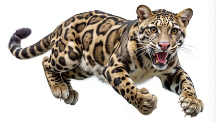Obraz premium Clouded leopard in mid-air with mouth wide open and sharp claws out