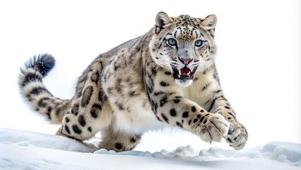 Obraz premium Majestic snow leopard in mid-stride, showcasing its beauty and power in the snowy mountains.