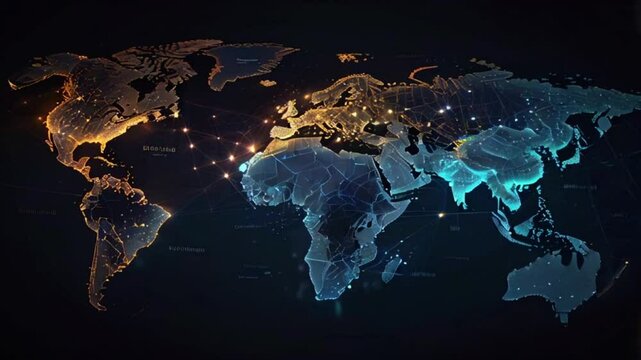 A dark blue world map with glowing blue and yellow dots and lines showing international connections.