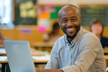 Fototapeta premium Smiling African Male Teacher with Laptop in Classroom - Education, Technology & Diversity