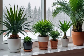 A fragment of the interior with potted indoor plants. Landscaping of the house. The concept of indoor plants and urban jungle.