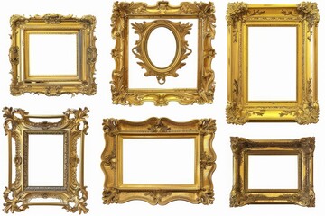 Six gold picture frames on a white background