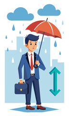 Businessman Investor Holding Strong Umbrella, Ready for Stock Market Crash, Downturn Arrow Graph, Insurance Protecting from Risk and Uncertainty