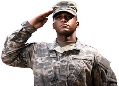 A US Army soldier salutes. Transparent isolated background