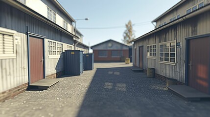 A narrow alleyway between two rows of industrial buildings.