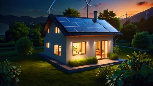 This is a cartoon house with solar panels on its roof and windmills in the background.