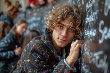 Young man writing on chalkboard in classroom