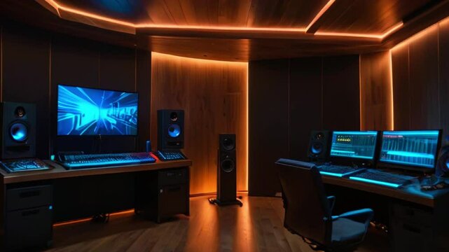 This is a music studio with two workstations. Each workstation has a computer monitor, speakers, and a mixing console. The room is lit by warm orange lights.
