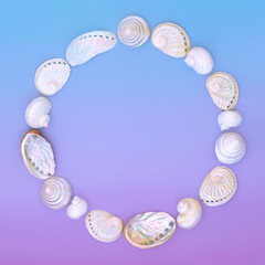 Mother of pearl seashell wreath on gradient blue purple background, Natural marine life decorative garland design for greeting card, gift tag, label.