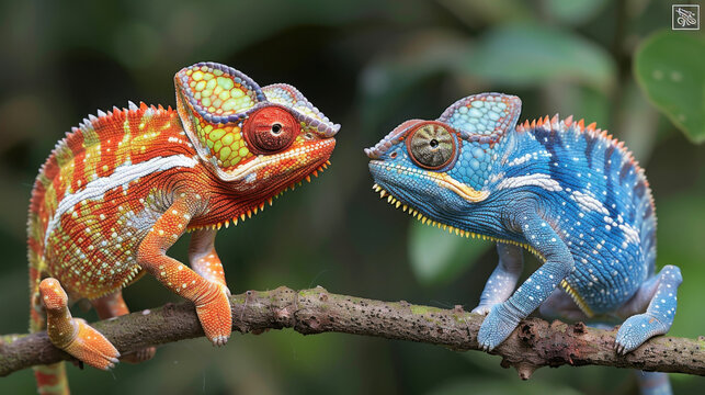 Two vibrantly colored chameleons facing each other on a branch against a blurred natural background.