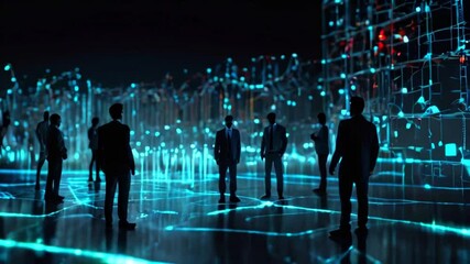 The video is of a group of business people standing in a dark blue, circuit board-like background with bright blue lights.