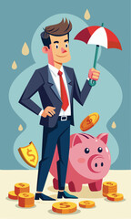 Businessman Protecting Piggy Bank Savings from Financial Risks, Inflation, and Economic Crisis