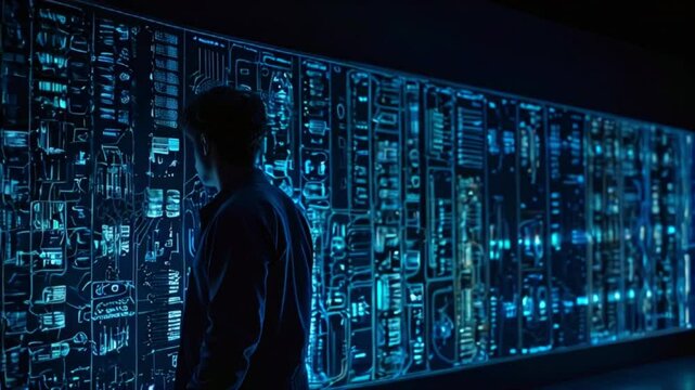 A person is standing in front of a large blue circuit board.