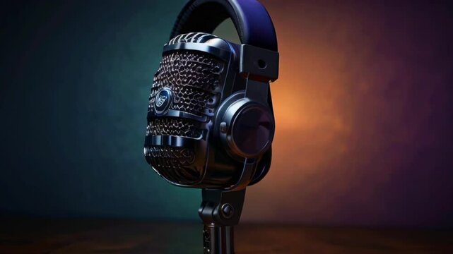 The video is of a black and silver microphone with headphones attached to it. The background is dark blue with a bright orange light on the right side.
