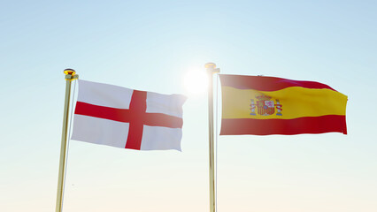 Spain and England Flags are waving in the spring of the blue sky. ULTRA HD. 