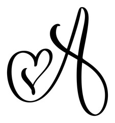 Vector Vintage heart letter monogram logo A. Love Calligraphy element Valentine flourish. Hand drawn sign for page decoration design illustration, wedding card, invitation