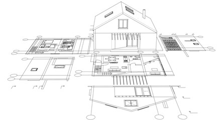 house traditional architecture plan 3d illustration	
