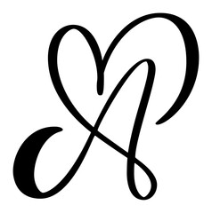 Hand drawn vector calligraphy love letter A. Script capital font logo. Handwritten brush style flourish. Vintage heart monogram. element Valentine flourish. sign for page decoration design