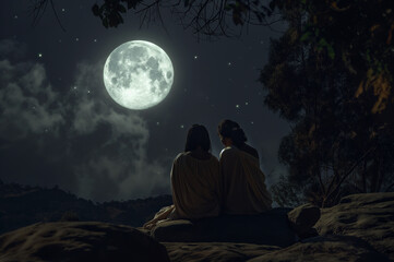 満月を見上げる古代の人々