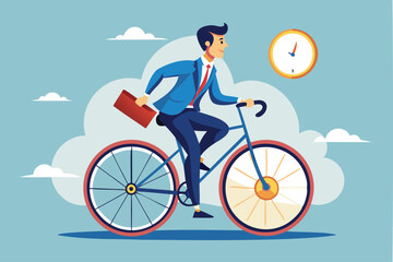 Businessman Riding Vintage Bicycle with Clock and Stopwatch as Wheels, Productivity and Time Management Concept