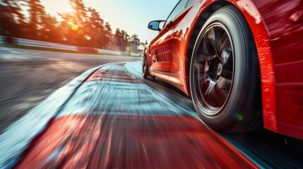 Red sports car speeding on race track at sunset